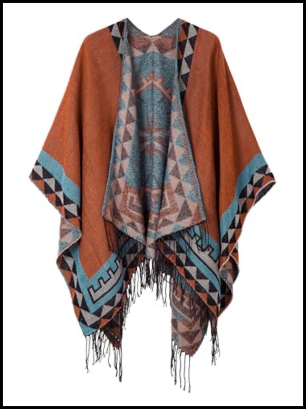 Open Front Poncho Shawl Wrap with Tassels Reversible Printed